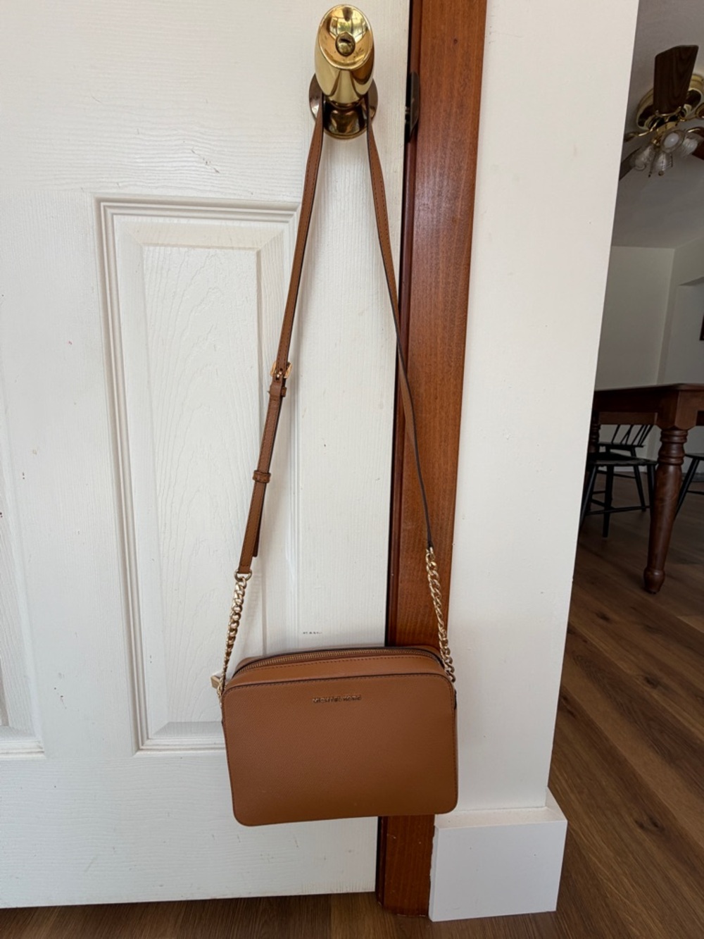 Michael Kors Chestnut Brown Leather Crossbody with Gold Chain
